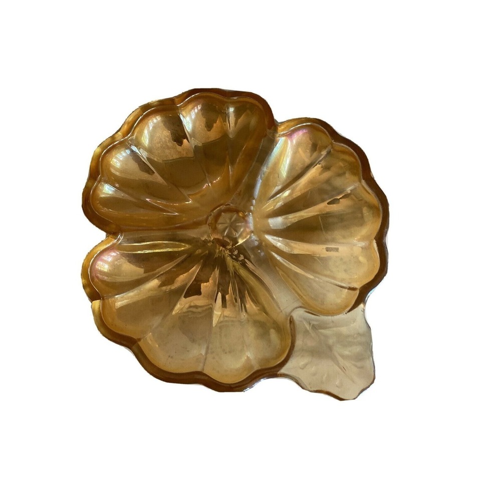 Divided Shamrock Caramel Gold Carnival Glass Candy Leaf Dish